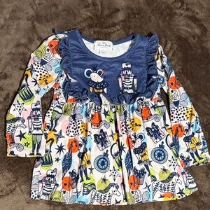 Mini Boden Navy Ruffle Christmas Print Long-Sleeve Top for toddler girl